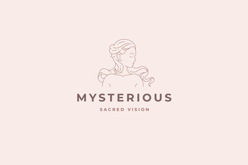 Gentle naked woman portrait waving long hair elegant silhouette line art logo design template vector