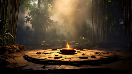 Place for meditation of a yoga guru with fire place, mysterious atmosphere - obrazy, fototapety, plakaty