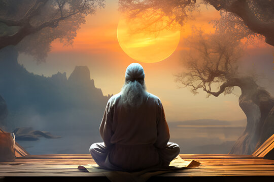 Mysterious yoga guru sitting with his back, with unrecognizable face meditating in his hut