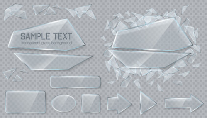 Vector transparent glass design elements for game and web. Arrows and objects.  Broken glass with sharp pieces