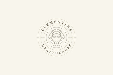 Bohemian female face with earrings accessories elegant portrait line art logo design template vector