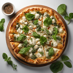 Pizza with cheese and spinach on white background. Generative AI
