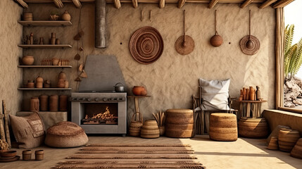 Fototapeta na wymiar Home mockup, nomadic boho kitchen interior with rustic decor, 3d render, Generative Ai