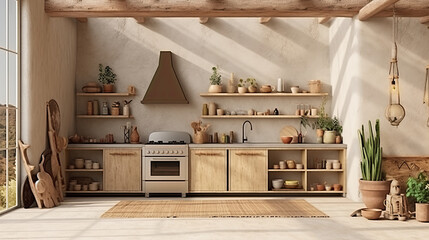 Home mockup, nomadic boho kitchen interior with rustic decor, 3d render, Generative Ai