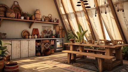 Home mockup, nomadic boho kitchen interior with rustic decor, 3d render, Generative Ai
