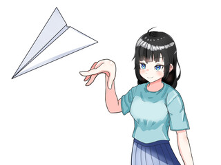 紙飛行機を飛ばす女性