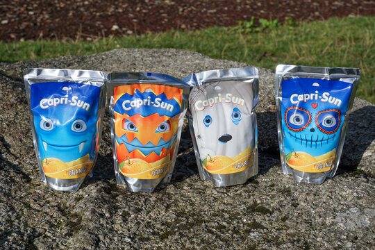 England UK 3 October 2021 - Capri Sun drinks cartons with Halloween themed design. Fun drinks for kids
