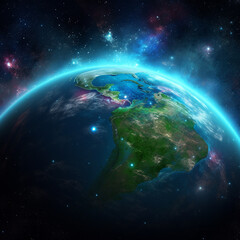 a view of an outer space planet with stars, earth and blue space, in the style of vibrant cartography,