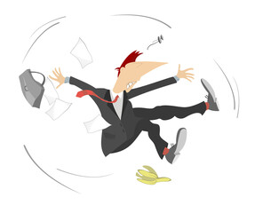 Man falling banana peel. 
Cartoon businessman falling down slipping on banana peel
