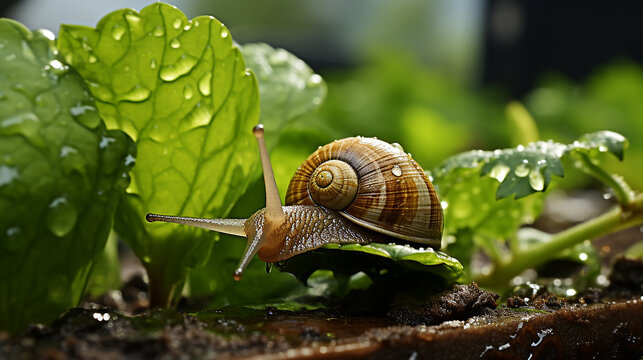 "Amidst a gentle drizzle, a resilient snail discovers solace as it seeks refuge beneath a protective cover. Safely tucked away from the elements, the snail finds a moment of tranquility, its spiraled 
