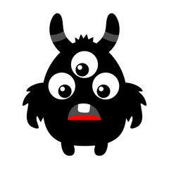 Monster. Happy Halloween. Cute head face with horns, fangs. Black silhouette monsters. Cartoon kawaii funny boo character. Childish baby collection. T-shirt design. White background. Flat design.