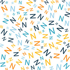 Seamless abstract N letter vector geometric pattern. Colorful letters on white background. Random order. Gift wrapping paper, fabric, poster. Bed linen and interior. School and learning theme.