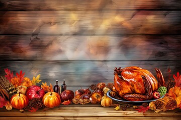 The colorful illustration of Thanksgiving holiday foods and items. Studio light. Generative Ai.
