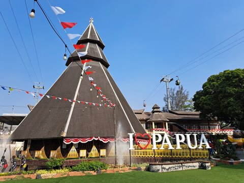 Jakarta, Indonesia. August 19, 2023. One of the museum buildings on the Papua Pavilion, TMII National Park.