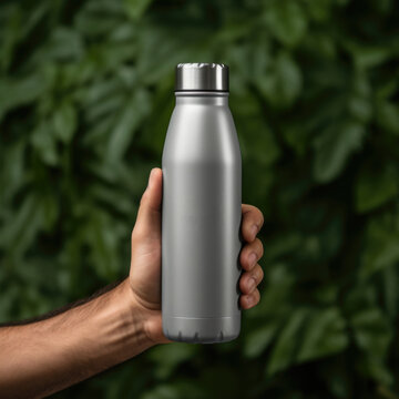 Top View Of A Reusable Steel Thermal Water Bottle With Mock-up Against A Background Of Green Grass