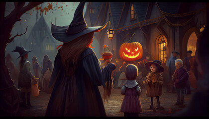 halloween party ,with children in the village square,there is a witch with a cape and hood. Ai generated image