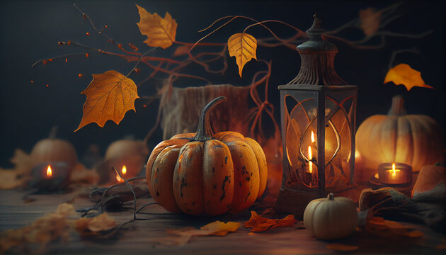 halloween pumpkin lantern with burning candles, Autumn composition. Pumpkins, dry leaves. Autumn, halloween concept night. Halloween background old table, Ai generated image