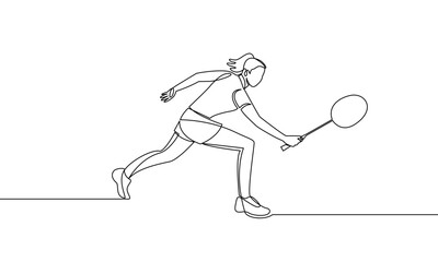 Single continuous line drawing of a young woman playing badminton. Sports, game. The concept of attack and defense. One line vector illustration