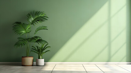 potted palm tree plant in one side in front of empty wall.Generative Ai
