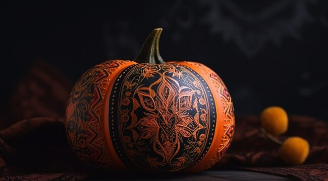Painted pumpkin for Halloween, created with Generative AI technology.