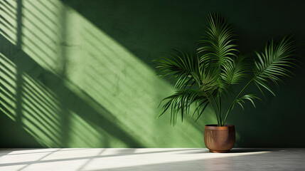 Fototapeta premium potted palm tree plant in one side in front of empty wall.Generative Ai 