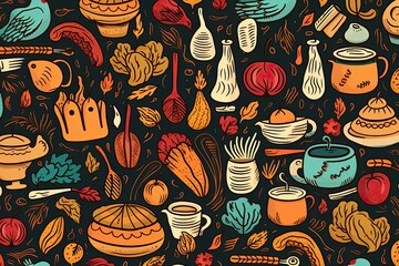 The colorful illustration of Thanksgiving holiday foods and items. Pattern style. Generative Ai.