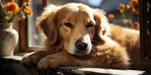 A dog basks in the sun, lounging on a windowsill, sunny day and relaxing dog in sunlight.