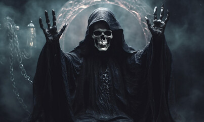 skeleton fear evil hood ghost halloween horror night death creepy. Generative AI. - obrazy, fototapety, plakaty