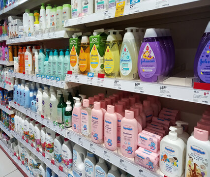 Poznan, Poland - 26 August 2023: Shelves in Rossmann drugstore.