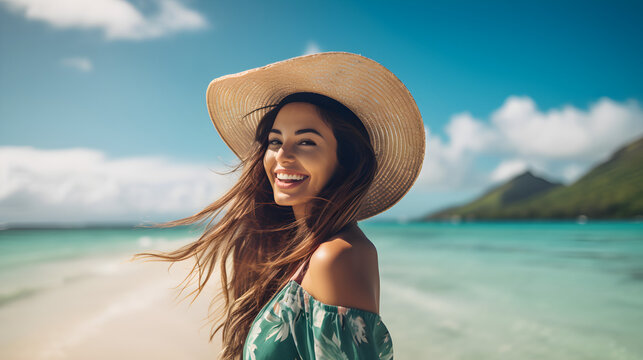 Carefree Brunette Woman in Straw Hat Beaming on a Picturesque Tropical Beach.