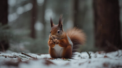 Cute red squirrel eats a nut in winter scene with nice blurred forest in the background