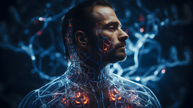 Man with blue biotech integration on neck and face. Biohacker concept.