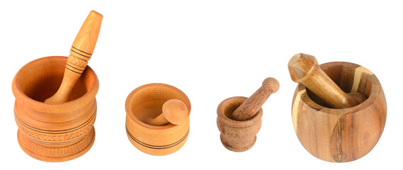 Set wooden mortar and pestle from different angles isolated on white