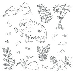 prehistoric doodle set with mammoth, fern and stones
