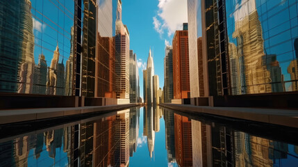 Fototapeta na wymiar Skyscrapers reaching for the sky, their glass exteriors mirroring the surrounding cityscape and creating a stunning visual spectacle
