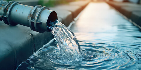 Water pipe in water field, discharge. Clear Water flowing from a pipe, closeup. - obrazy, fototapety, plakaty