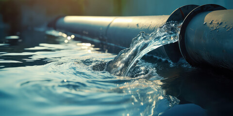 Water pipe in water field, discharge. Clear Water flowing from a pipe, closeup.