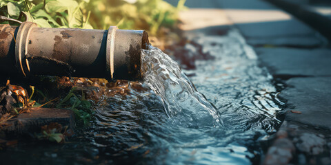 Water pipe in water field, discharge. Clear Water flowing from a pipe, closeup.