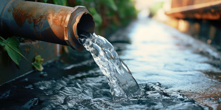 Water pipe in water field, discharge. Clear Water flowing from a pipe, closeup.