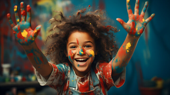 Boy with raised hands covered in colourful paint, smiling