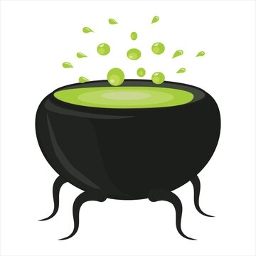 Halloween magic cauldron with green potion and boiling magic drink .Vector illustration isolated on white background.