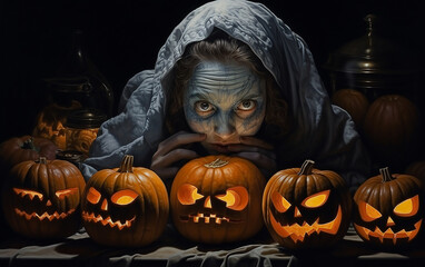 Scary halloween witch with pumpkins on dark background.
