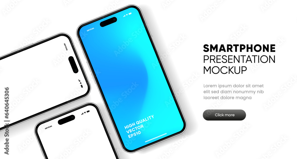 Poster 3D realistic high quality smartphone mockup with isolated background. Smart phone mockup collection. Device front view. 3D mobile phone with shadow on white background.