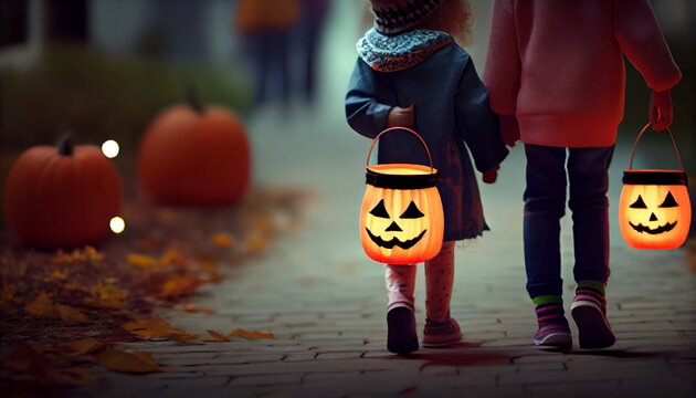 halloween jack o lantern with pumpkin, Children Trick Or Treating with Jack-O-Lantern Candy Buckets on Halloween, Ai generated image
