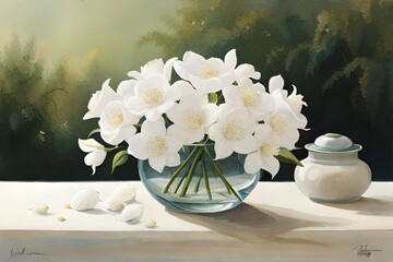 still life with white flowers in vase, jasmine flowers, lily flowers