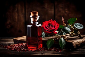 Obraz na płótnie Canvas A bottle of scent with a red rose placed on a rustic wooden table with prominent grains - AI Generative