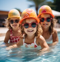 close up portrait of caucasian perfect little girls playing in the pool.
