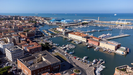 aerial view of the city with harbor in livorno, italy