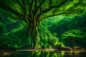 Obraz premium a great green elder tree for gathering at bank of river away from house - AI Generative