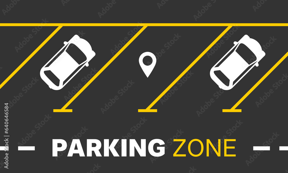 Wall mural illustration of a parking zone with car symbols, yellow parking lines, and location pins